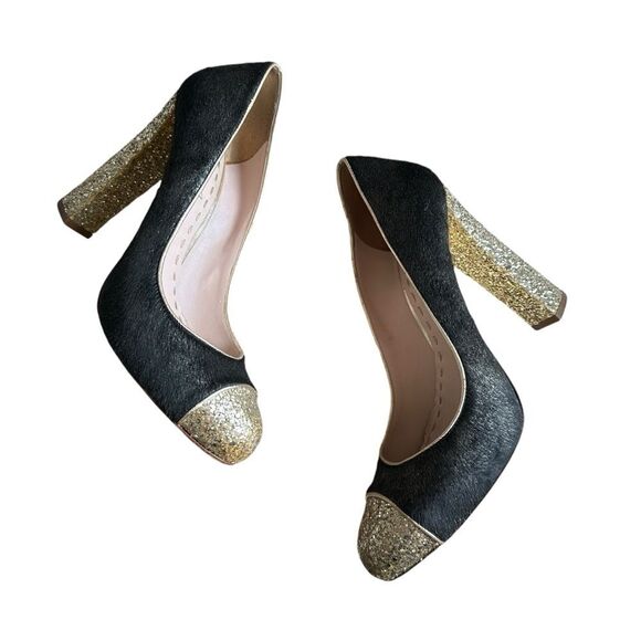 Miu Miu Black/Gold Calf Hair And Coarse Glitter Cap-Toe Block Heel Pumps Size 40 - Picture 14 of 14